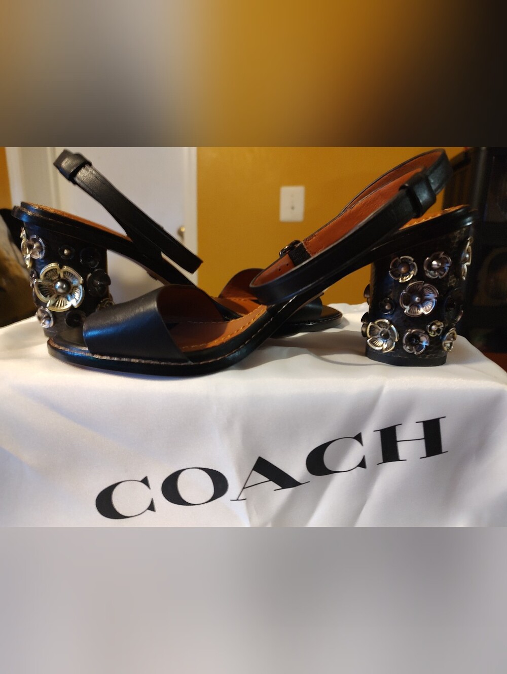Coach Black Leather Floral-Accent Block Heel Sandals